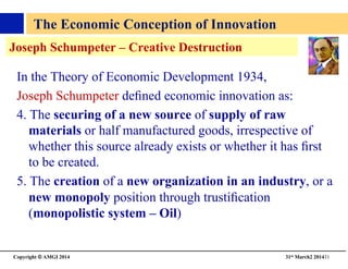 Copyright © AMGI 2014 	

31st March2 201431	

Joseph Schumpeter – Creative Destruction 	

In the Theory of Economic Development 1934,	

Joseph Schumpeter deﬁned economic innovation as:	

4. The securing of a new source of supply of raw
materials or half manufactured goods, irrespective of
whether this source already exists or whether it has ﬁrst
to be created.	

5. The creation of a new organization in an industry, or a
new monopoly position through trustiﬁcation
(monopolistic system – Oil) 	

The Economic Conception of Innovation 	

 