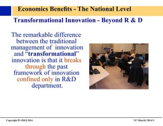 Copyright © AMGI 2014 	

31st March2 201438	

Transformational Innovation - Beyond R  D 	

Economics Beneﬁts - The National Level	

 