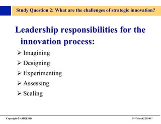 Copyright © AMGI 2014 	

31st March2 201447	

Study Question 2: What are the challenges of strategic innovation?	

Leadership responsibilities for the
innovation process:	

! Imagining	

! Designing	

! Experimenting	

! Assessing	

! Scaling	

 