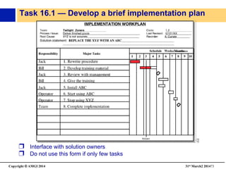 Copyright © AMGI 2014 	

31st March2 201473	

Task 16.1 — Develop a brief implementation plan
❒  Interface with solution owners
❒  Do not use this form if only few tasks
 