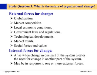 Copyright © AMGI 2014 	

31st March2 201482	

Study Question 3: What is the nature of organizational change?	

External forces for change:	

!  Globalization.	

!  Market competition.	

!  Local economic conditions.	

!  Government laws and regulations.	

!  Technological developments.	

!  Market trends.	

!  Social forces and values	

Internal forces for change:	

!  Arise when change in one part of the system creates
the need for change in another part of the system.	

!  May be in response to one or more external forces.	

 