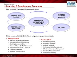 Services Portfolio
  3. Learning          & Development Programs
     Steps involved in Training and Development Program:



                                                                                     DESIGNING
              TRAINING NEED                                                          CONTENT &
                ANALYSIS                                                              MODULES

                                                  LEARNING &
                                                 DEVELOPMENT
                                                  PROGRAMS

              POST DELIVERY
                                                                                     DELIVERY
               EVALUATION




     Critical areas on which iLEAD HCAP team brings training expertise on include:

      Behavioural Skills
       • Personal Growth & Effectiveness                  Functional Skills
       • Managerial Skills / Effectiveness                 • Brand Management
       • Building Leadership Skills                        • Business Leadership
       • Team building & Conflict Management               • Effective Marketing
       • Organizational Climate & Structure                • Professional Sales Management
       • Stress Management                                 • Effective Performance Management
       • Effective Communication                           • Creativity & Leadership Skills
                                                           • Competency Mapping

Human Capital Solutions                                                                    www.ilead-hcap.com
 