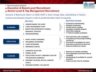 1. Talent Acquisition Solutions
  (a) Executive & Board-Level Recruitment
  (b) Senior-Level & Top Management Recruitment

   Executive & Board-Level Search at iLEAD HCAP is driven through deep understanding of industry /
   business and exhaustive research in order to provide best talent match to companies
                               Key Areas                                         Key Points Covered

                            1. UNDERSTANDING THE CLIENT                         Contextual understanding
                                                                                Strategic positioning
                            2. CLIENT REQUIREMENT STUDY
     PLANNING                                                                   Finalize search strategy
                            3. IDENTIFYING APPROPRIATE CHANNEL,                 Candidate suitability analysis
                               RESOURCE, STRATEGY                               Client Role mapping
                                                                                1st draft of suitable candidates
                            4. PROCESS MAPPING

                                                                              First interaction with candidates
                                                                              Competency & Personality Profiling
                            1. SHORT LISTING, SCREENING
                                                                               carried out
    EXECUTION               2. PRELIMINARY INTERVIEWS                         Final draft of candidates for client
                            3. CLIENT INTERVIEWS                              Interviews conducted at client end
                            4. REFERENCE CHECKS                               Extensive Reference checks


                            1. CANDIDATE SELECTION
                                                                              Selection of suitable candidate
                            2. FORMAL OFFER                                   Final negotiation and formal offer to
     CLOSURE                3. FACILITATING THE EXIT / ONBOARD PLAN FOR        candidate
                               THE RECRUITED CANDIDATE                        Handholding of candidate for smooth
                                                                               transition
                            4. ASSURING THE INITIAL MUTUAL COMFORT
                                                                              Follow-up with client & candidate
                               LEVELS
                            5. INVOICING PAYMENT, FOLLOW-UPS



Human Capital Solutions                                                                            www.ilead-hcap.com
 