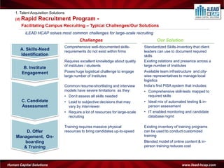 1. Talent Acquisition Solutions
    (d) Rapid     Recruitment Program -
       Facilitating Campus Recruiting – Typical Challenges/Our Solutions
          iLEAD HCAP solves most common challenges for large-scale recruiting
                                           Challenges                                    Our Solution
                                  Comprehensive well-documented skills-          Standardized Skills-Inventory that client
       A. Skills-Need             requirements do not exist within firms         leaders can use to document required
       Identification                                                            skills
                                  Requires excellent knowledge about quality     Existing relations and presence across a
                                  of institutes / students                       large number of Institutes
         B. Institute
        Engagement                Poses huge logistical challenge to engage      Available team infrastructure and city-
                                  large number of Institutes                     wise representatives to manage local
                                                                                 logistics
                                  Common resume-shortlisting and interview       India’s first PISA system that includes:
                                  models have severe limitations as they:        • Comprehensive skill-tests mapped to
                                  • Don’t assess all skills needed                 required skills
        C. Candidate              • Lead to subjective decisions that may        • Ideal mix of automated testing & in-
        Assessment                  vary by interviewer                            person assessment
                                  • Require a lot of resources for large-scale   • IT enabled monitoring and candidate
                                    recruiting                                     database mgmt

                                  Training requires massive physical             Existing inventory of training programs
         D. Offer                 resources to bring candidates up-to-speed      can be used to conduct customized
     Management, On-                                                             training
        boarding                                                                 Blended model of online content & in-
        & Training                                                               person training reduces cost




Human Capital Solutions                                                                                 www.ilead-hcap.com
 