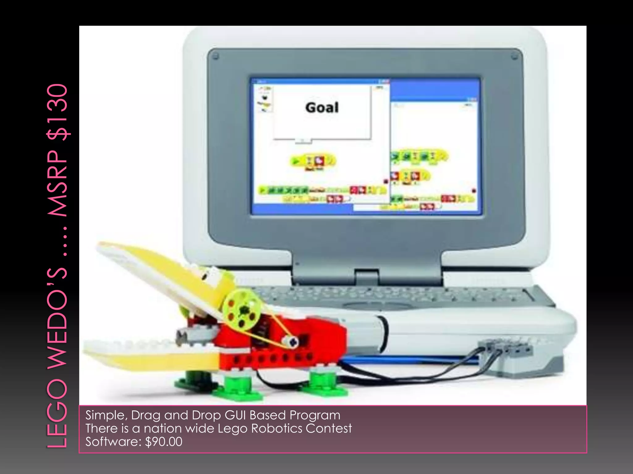 Simple, Drag and Drop GUI Based Program
There is a nation wide Lego Robotics Contest
Software: $90.00
 