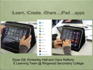 iLearn, iCreate, iShare....iPad ...apps




Elyse Gill, Kimberley Hall and Clare Rafferty
E Learning Team @ Ringwood Secondary College
 
