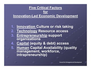 Five Critical Factors
                   for
 Innovation-
 Innovation-Led Economic Development


1. Innovation Culture or risk taking
2.
2 Technology Resource access
3. Entrepreneurship support
   organizations
4. Capital (equity & debt) access
5.
5 Human Capital Availability (quality
   management, workforce,
   intrapreneurship)
                           Council for Entrepreneurial Development
 