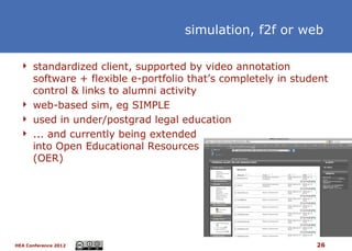 simulation, f2f or web

  standardized client, supported by video annotation
   software + flexible e-portfolio that’s completely in student
   control & links to alumni activity
  web-based sim, eg SIMPLE
  used in under/postgrad legal education
  ... and currently being extended
   into Open Educational Resources
   (OER)




HEA Conference 2012                                         26
 