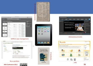 My annotated documents

                                                                         Web/pod/quickcasts
         SIMPLE case management




                                                           E-textbooks




        My e-portfolio
                                                                                LMS
HEA Conference 2012                                                                           31
 