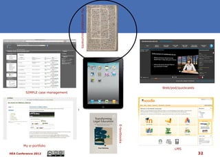 My annotated documents

                                                                         Web/pod/quickcasts
         SIMPLE case management




                                                           E-textbooks




        My e-portfolio
                                                                                LMS
HEA Conference 2012                                                                           32
 