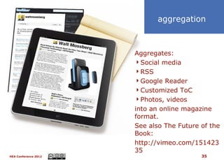 aggregation



                      Aggregates:
                      Social media
                      RSS
                      Google Reader
                      Customized ToC
                      Photos, videos
                      into an online magazine
                      format.
                      See also The Future of the
                      Book:
                      http://vimeo.com/151423
                      35
HEA Conference 2012                       35
 