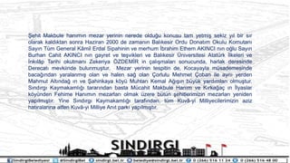 ?ehit Makbule han?m?n mezar yerinin nerede oldu?u konusu tam yetmi? sekiz y?l bir s?r
olarak kald?ktan sonra Haziran 2000 de zaman?n Bal?kesir Ordu Donat?m Okulu Komutan?
Say?n Tm General K?mil Erdal Sipahinin ve merhum ?brahim Ethem AKINCI n?n o?lu Say?n
Burhan Cahit AKINCI n?n gayret ve te?vikleri ve Bal?kesir ?niversitesi ٲ٨ ?lkeleri ve
?nk?l?p Tarihi okutman? Zekeriya ?ZDEM?R in ?al??malar? sonucunda, harlak deresinde
Derecat? mevkiinde bulunmu?tur. Mezar yerinin tespitin de, Kocayayla msademesinde
baca??ndan yaralanm?? olan ve halen sa? olan ?orlulu Mehmet ?oban ile ayn? yerden
Mahmut Alt?nda? ?n ve ?ahinkaya k?y Muhtar? Kemal A????n byk yard?mlar? olmu?tur.
S?nd?rg? Kaymakaml??? tarar?ndan basta Mcahit Makbule Han?m ve K?rka?a? ?n ?lyaslar
k?ynden Fehime Han?m?n mezarlar? olmak zere btn ?ehitlerimizin mezarlar? yeniden
yap?lm??t?r. Yine S?nd?rg? Kaymakaml??? taraf?ndan, tm Kuv?-yi Milliyecilerimizin aziz
hat?ralar?na atfen Kuv?-yi Milliye An?t park? yap?lm??t?r.
 