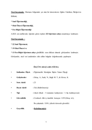 5
Nicel boyutunda: Marmara bölgesinde yer alan bir üniversitenin Eğitim Fakültesi, İlköğretim
Bölümü,
* Sınıf Öğretmenliği,
* Okul Öncesi Öğretmenliği,
* Fen Bilgisi Öğretmenliği
A.B.D. son sınıflarında öğrenim gören toplam 223 öğretmen adayı araştırmaya katılmıştır.
Nitel boyutunda :
* 22 Sınıf Öğretmeni,
* 19 Okul Öncesi ve
* 13 Fen Bilgisi öğretmen adayı gönüllülük esası dikkate alınarak görüşmelere katılmıştır.
Görüşmeler, nicel veri analizinden elde edilen bulgular doğrultusunda yapılmıştır.
ÖLÇÜM ARAÇLARI (NİCEL)
• Kullanılan Ölçek : Öğretmenlik Mesleğine İlişkin Tutum Ölçeği
• Geliştirenler : Erkuş, A., Sanlı, N., Bağlı M. T., & Güven, K.
• Soru Adedi : 23
• Boyut Adedi : Tek (Belirtilmemiş)
• Tipi : Likert (Beşli – 5: tamamen katılıyorum / 1: hiç katılmıyorum)
• Güvenilirlik : Cronbach Alfa iç tutarlılık katsayısı: 0.99 (Erkuş vd.);
Bu çalışmada: 0.88 ( yüksek derecede güvenilir)
• Geçerlilik : Belirtilmemiştir
 