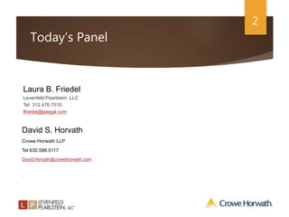 2
Today’s Panel
David S. Horvath
Crowe Horwath LLP
Tel 630.586.5117
David.Horvath@crowehorwath.com
.
Laura B. Friedel
Levenfeld Pearlstein. LLC
Tel 312.476.7510
lfriedel@lplegal.com
 