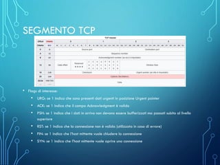 SEGMENTO TCP
• Flags di interesse:
• URG: se 1 indica che sono presenti dati urgenti in posizione Urgent pointer
• ACK: se 1 indica che il campo Acknowledgment è valido
• PSH: se 1 indica che i dati in arrivo non devono essere bufferizzati ma passati subito al livello
superiore
• RST: se 1 indica che la connessione non è valida (utilizzata in caso di errore)
• FIN: se 1 indica che l’host mittente vuole chiudere la connessione
• SYN: se 1 indica che l’host mittente vuole aprire una connessione
 
