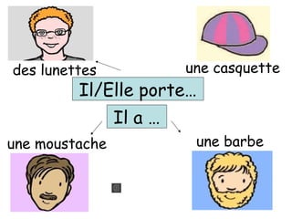 Il a …
une moustache une barbe
Il/Elle porte…
des lunettes une casquette
 