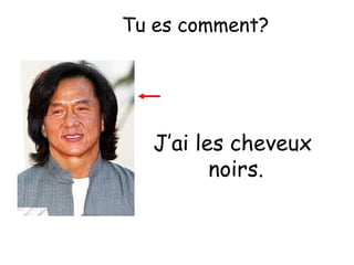 Tu es comment?

J’ai les cheveux
noirs.

 