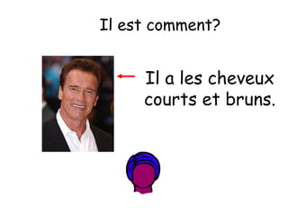 Il est comment?

Il a les cheveux
courts et bruns.

 