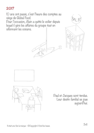 2017 
10 ans ont passé, c’est l’heure des comptes au 
siège de Global Food. 
Pour l’occasion, Alain a quitté le voilier depuis 
lequel il gère les affaires du groupe tout en 
sillonnant les océans. 
Paul et Jacques sont tendus. 
Leur destin familial se joue 
aujourd’hui. 
Il était une fois la marque - ©Copyright A fond les bases 34 
 