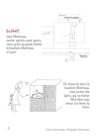 En 1947, 
Jean Martineau, 
ouvrier agricole avant guerre, 
ouvre grâce au pécule familial 
la boucherie Martineau 
à Luçon. 
On trouve de tout à la 
boucherie Martineau, 
mais surtout des 
lapins, que sa maman 
Aline élève avec 
amour à la ferme du 
Poiré. 
Il était une fois la marque - ©Copyright A fond les bases 
6 
 