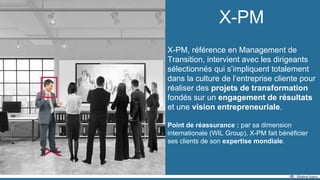 X-PM
X-PM, référence en Management de
Transition, intervient avec les dirigeants
sélectionnés qui s’impliquent totalement
dans la culture de l’entreprise cliente pour
réaliser des projets de transformation
fondés sur un engagement de résultats
et une vision entrepreneuriale.
Point de réassurance : par sa dimension
internationale (WIL Group), X-PM fait bénéficier
ses clients de son expertise mondiale.
 