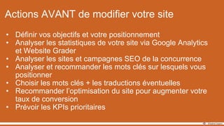 Actions AVANT de modifier votre site
• Définir vos objectifs et votre positionnement
• Analyser les statistiques de votre site via Google Analytics
et Website Grader
• Analyser les sites et campagnes SEO de la concurrence
• Analyser et recommander les mots clés sur lesquels vous
positionner
• Choisir les mots clés + les traductions éventuelles
• Recommander l’optimisation du site pour augmenter votre
taux de conversion
• Prévoir les KPIs prioritaires
 