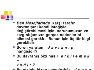  Ben Mesajlarında karşı tarafın
davranışını kendi isteğiyle
değiştirebilmesi için, sorunumuzun ve
kızgınlığımızın gerçek nedenlerini
bilmesi gerekir. Bunun için üç tür bilgi
gereklidir.
 Sorun yaratan d a v r a n ı ş
hangisidir?
 Bu davranış bizi nasıl e t k i l e m e k
–
t e d i r ?
 