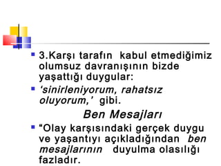  3.Karşı tarafın kabul etmediğimiz
olumsuz davranışının bizde
yaşattığı duygular:
 ‘sinirleniyorum, rahatsız
oluyorum,’ gibi.
Ben Mesajları
 “Olay karşısındaki gerçek duygu
ve yaşantıyı açıkladığından ben
mesajlarının duyulma olasılığı
fazladır.
 