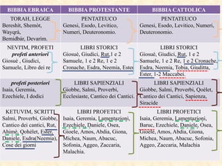 BIBBIA EBRAICA BIBBIA PROTESTANTE BIBBIA CATTOLICA
TORAH, LEGGE
Bereshìt, Shemòt,
Wayqrà,
Bemidbàr, Devarìm.
PENTATEUCO
Genesi, Esodo, Levitico,
Numeri, Deuteronomio.
PENTATEUCO
Genesi, Esodo, Levitico, Numeri,
Deuteronomio.
NEVI'IM, PROFETI
profeti anteriori
Giosuè , Giudici,
Samuele, Libro dei re
LIBRI STORICI
Giosuè, Giudici, Rut,1 e 2
Samuele, 1 e 2 Re, 1 e 2
Cronache, Esdra, Neemia, Ester
LIBRI STORICI
Giosuè, Giudici, Rut, 1 e 2
Samuele, 1 e 2 Re, 1 e 2 Cronache,
Esdra, Neemia, Tobia, Giuditta,
Ester, 1-2 Maccabei.
profeti posteriori
Isaia, Geremia,
Ezechiele, I dodici
LIBRI SAPIENZIALI
Giobbe, Salmi, Proverbi,
Ecclesiaste, Cantico dei Cantici.
LIBRI SAPIENZIALI
Giobbe, Salmi, Proverbi, Qoèlet,
Cantico dei Cantici, Sapienza,
Siracide
KETUVIM, SCRITTI
Salmi, Proverbi, Giobbe,
Cantico dei cantici, Rut,
Ahimè, Qohèlet, Ester,
Daniele, Esdra(Neemia),
Cose dei giorni
LIBRI PROFETICI
Isaia, Geremia, Lamentazioni,
Ezechiele, Daniele, Osea,
Gioele, Amos, Abdia, Giona,
Michea, Naum, Abacuc,
Sofonia, Aggeo, Zaccaria,
Malachia.
LIBRI PROFETICI
Isaia, Geremia, Lamentazioni,
Baruc, Ezechiele, Daniele, Osea,
Gioele, Amos, Abdia, Giona,
Michea, Naum, Abacuc, Sofonia,
Aggeo, Zaccaria, Malachia
 