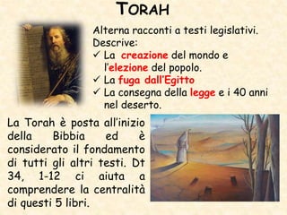 TORAH
Alterna racconti a testi legislativi.
Descrive:
 La creazione del mondo e
l’elezione del popolo.
 La fuga dall’Egitto
 La consegna della legge e i 40 anni
nel deserto.
La Torah è posta all’inizio
della Bibbia ed è
considerato il fondamento
di tutti gli altri testi. Dt
34, 1-12 ci aiuta a
comprendere la centralità
di questi 5 libri.
 