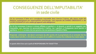 CONSEGUENZE DELL’IMPUTABILITA’
in sede civile
Chi ha commesso il fatto ed è considerato imputabile deve risarcire il danno, allo stesso modo del
debitore inadempiente per responsabilità contrattuale, cioè risponde del DANNO EMERGENTE e del
LUCRO CESSANTE vai a vedere gli appunti sulle obbligazioni
Se chi ha commesso il danno è minore affidato ai genitori o ai docenti, e quindi è un soggetto non
imputabile, non risarcisce lui personalmente il danno, ma i genitori o l’insegnante (ecco perché vi
sgridiamo    ) a meno che non provino che non potevano impedire il fatto
Risponde civilmente dei danni commessi da altri anche chi è proprietario di un animale che ha
creato danni ad altri, o chi doveva occuparsi di un edificio in rovina che crollando ha creato danni.
In questi ultimi due casi si parla di RESPONSABILITA’ OGGETTIVA
 