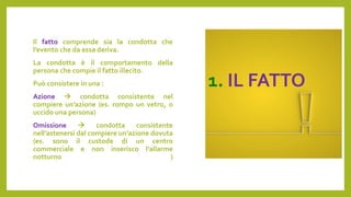 1. IL FATTO
Il fatto comprende sia la condotta che
l’evento che da essa deriva.
La condotta è il comportamento della
persona che compie il fatto illecito.
Può consistere in una :
Azione  condotta consistente nel
compiere un’azione (es. rompo un vetro, o
uccido una persona)
Omissione  condotta consistente
nell’astenersi dal compiere un’azione dovuta
(es. sono il custode di un centro
commerciale e non inserisco l’allarme
notturno )
 