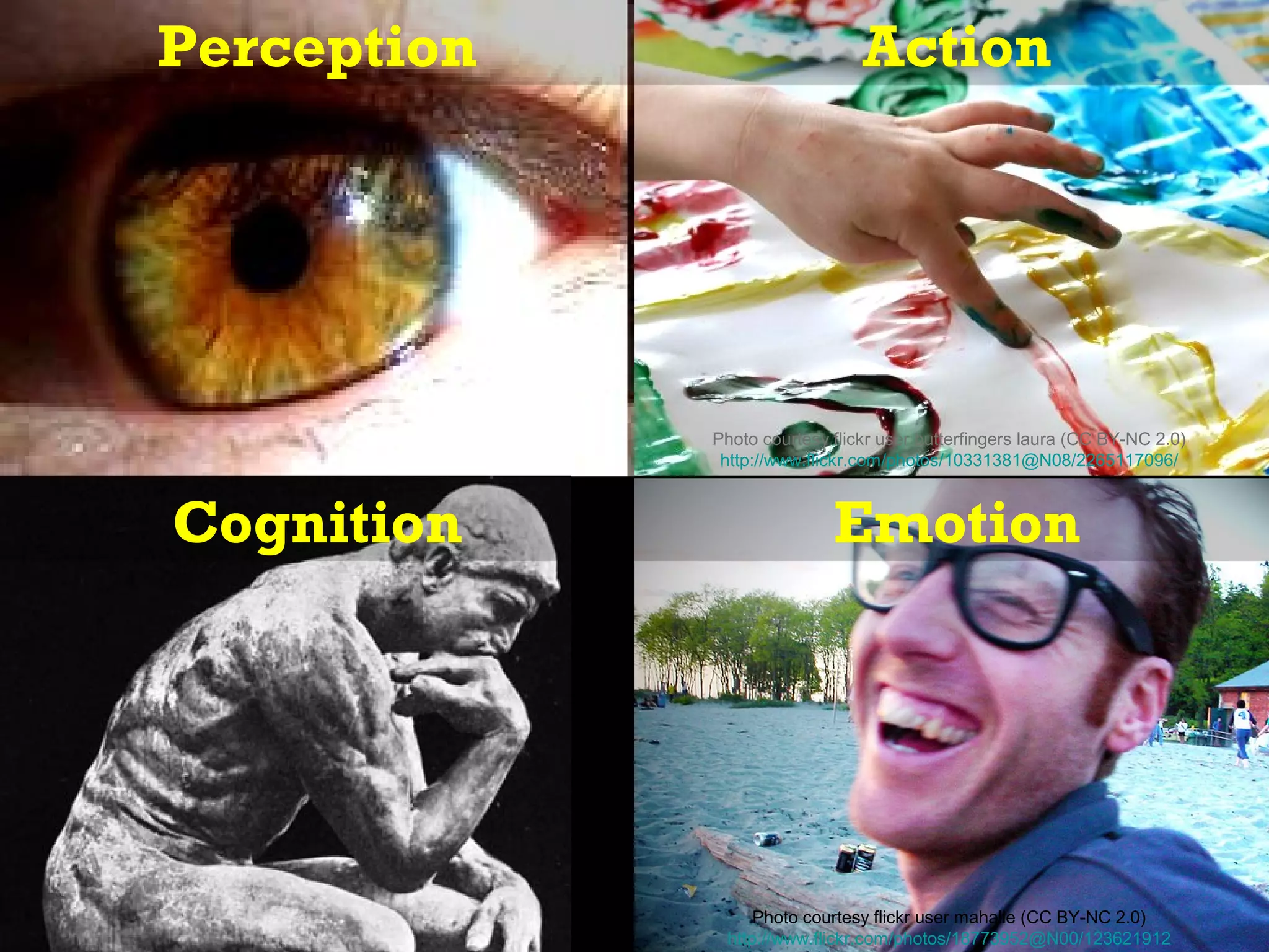 Perception                      Action




             Photo courtesy flickr user butterfingers laura (CC BY-NC 2.0)
              http://www.flickr.com/photos/10331381@N08/2265117096/



Cognition                   Emotion




                  Photo courtesy flickr user mahalie (CC BY-NC 2.0)
              http://www.flickr.com/photos/18773952@N00/123621912
 
