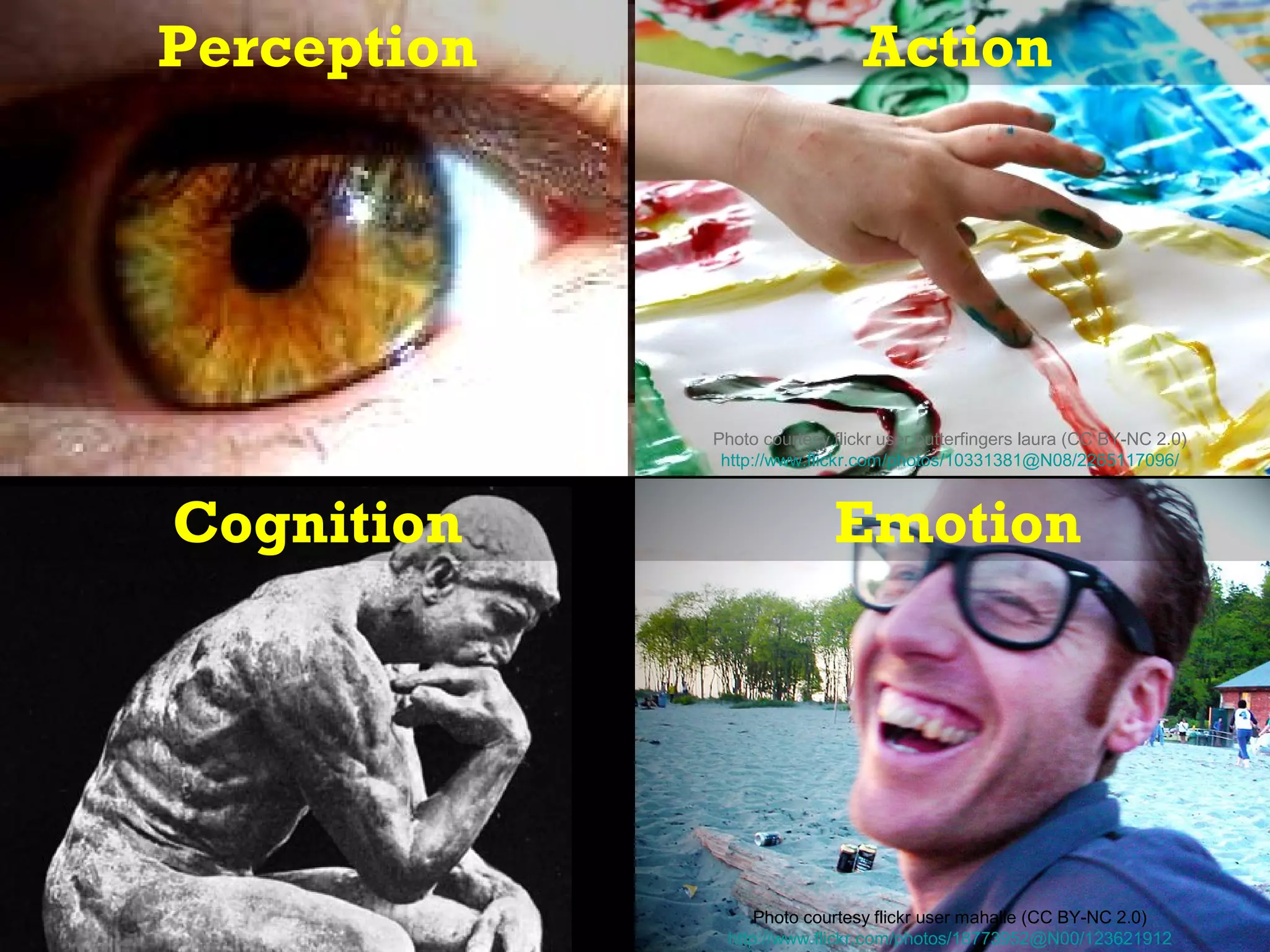 Perception                      Action




             Photo courtesy flickr user butterfingers laura (CC BY-NC 2.0)
              http://www.flickr.com/photos/10331381@N08/2265117096/



Cognition                   Emotion




                  Photo courtesy flickr user mahalie (CC BY-NC 2.0)
              http://www.flickr.com/photos/18773952@N00/123621912
 