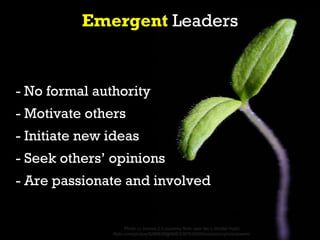 Emergent Leaders


- No formal authority
- Motivate others
- Initiate new ideas
- Seek others’ opinions
- Are passionate a...