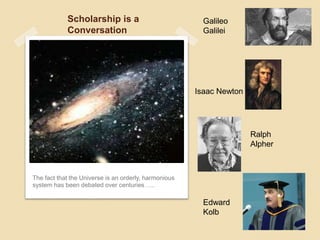 Scholarship is a
Conversation
The fact that the Universe is an orderly, harmonious
system has been debated over centuries ….
Galileo
Galilei
Isaac Newton
Ralph
Alpher
Edward
Kolb
 