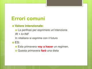 Errori comuni
 Valore intenzionale:
 La perifrasi per esprimere un’intenzione
IR + A+INF
In nitaliano si esprime con il futuro
 ES:
 Esta primavera voy a hacer un regimen.
 Questa primavera farò una dieta
 