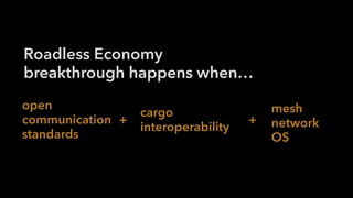 Roadless Economy 
breakthrough happens when…
 
open
communication
standards
+ +
 
cargo
interoperability
 
mesh  
network 
OS
 