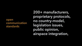 open
communication
standards
200+ manufacturers,
proprietary protocols,
no country-model,
legislation issues,
public opinion,
airspace integration,
 