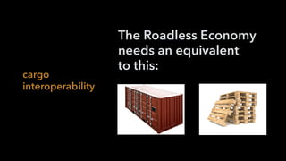cargo
interoperability
The Roadless Economy
needs an equivalent  
to this:
http://premiershippingcontainers.com.au/assets/images/Side-Opening.jpg
 
