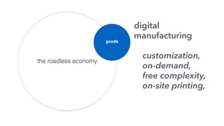 the roadless economy
goods
digital
manufacturing
customization,
on-demand,
free complexity,
on-site printing,
 