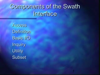 Components of the Swath
Interface
Access
Definition
Basic I/O
Inquiry
Utility
Subset
5

 