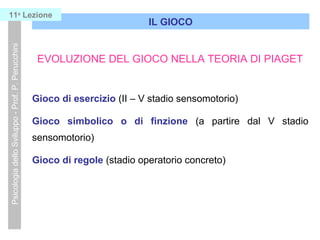 EVOLUZIONE DEL GIOCO NELLA TEORIA DI PIAGET
Gioco di esercizio (II – V stadio sensomotorio)
Gioco simbolico o di finzione (a partire dal V stadio
sensomotorio)
Gioco di regole (stadio operatorio concreto)
IL GIOCO
PsicologiadelloSviluppo-Prof.P.Perucchini11a
Lezione
 
