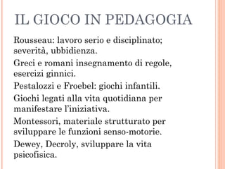 IL GIOCO IN PEDAGOGIA
Rousseau: lavoro serio e disciplinato;
severità, ubbidienza.
Greci e romani insegnamento di regole,
esercizi ginnici.
Pestalozzi e Froebel: giochi infantili.
Giochi legati alla vita quotidiana per
manifestare l’iniziativa.
Montessori, materiale strutturato per
sviluppare le funzioni senso-motorie.
Dewey, Decroly, sviluppare la vita
psicofisica.

 