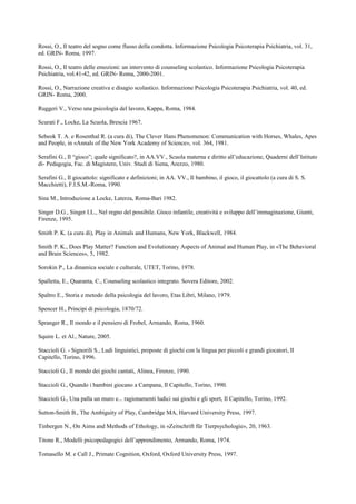 Rossi, O., Il teatro del sogno come flusso della condotta. Informazione Psicologia Psicoterapia Psichiatria, vol. 31,
ed. GRIN- Roma, 1997.
Rossi, O., Il teatro delle emozioni: un intervento di counseling scolastico. Informazione Psicologia Psicoterapia
Psichiatria, vol.41-42, ed. GRIN- Roma, 2000-2001.
Rossi, O., Narrazione creativa e disagio scolastico. Informazione Psicologia Psicoterapia Psichiatria, vol. 40, ed.
GRIN- Roma, 2000.
Ruggeri V., Verso una psicologia del lavoro, Kappa, Roma, 1984.
Scurati F., Locke, La Scuola, Brescia 1967.
Sebeok T. A. e Rosenthal R. (a cura di), The Clever Hans Phenomenon: Communication with Horses, Whales, Apes
and People, in «Annals of the New York Academy of Science», vol. 364, 1981.
Serafini G., Il “gioco”; quale significato?, in AA.VV., Scuola materna e diritto all’educazione, Quaderni dell’Istituto
di- Pedagogia, Fac. di Magistero, Univ. Studi di Siena, Arezzo, 1980.
Serafini G., Il giocattolo: significato e definizioni; in AA. VV., Il bambino, il gioco, il giocattolo (a cura di S. S.
Macchietti), F.I.S.M.-Roma, 1990.
Sina M., Introduzione a Locke, Laterza, Roma-Bari 1982.
Singer D.G., Singer I.L., Nel regno del possibile. Gioco infantile, creatività e sviluppo dell’immaginazione, Giunti,
Firenze, 1995.
Smith P. K. (a cura di), Play in Animals and Humans, New York, Blackwell, 1984.
Smith P. K., Does Play Matter? Function and Evolutionary Aspects of Animal and Human Play, in «The Behavioral
and Brain Sciences», 5, 1982.
Sorokin P., La dinamica sociale e culturale, UTET, Torino, 1978.
Spalletta, E., Quaranta, C., Counseling scolastico integrato. Sovera Editore, 2002.
Spaltro E., Storia e metodo della psicologia del lavoro, Etas Libri, Milano, 1979.
Spencer H., Principi di psicologia, 1870/72.
Spranger R., Il mondo e il pensiero di Frobel, Armando, Roma, 1960.
Squire L. et Al., Nature, 2005.
Staccioli G. - Signorili S., Ludi linguistici, proposte di giochi con la lingua per piccoli e grandi giocatori, Il
Capitello, Torino, 1996.
Staccioli G., Il mondo dei giochi cantati, Alinea, Firenze, 1990.
Staccioli G., Quando i bambini giocano a Campana, Il Capitello, Torino, 1990.
Staccioli G., Una palla un muro e... ragionamenti ludici sui giochi e gli sport, Il Capitello, Torino, 1992.
Sutton-Smith B., The Ambiguity of Play, Cambridge MA, Harvard University Press, 1997.
Tinbergen N., On Aims and Methods of Ethology, in «Zeitschrift für Tierpsychologie», 20, 1963.
Titone R., Modelli psicopedagogici dell’apprendimento, Armando, Roma, 1974.
Tomasello M. e Call J., Primate Cognition, Oxford, Oxford University Press, 1997.
 