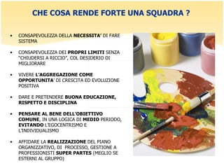 CHE COSA RENDE FORTE UNA SQUADRA ? CONSAPEVOLEZZA DELLA  NECESSITA’  DI FARE SISTEMA CONSAPEVOLEZZA DEI  PROPRI LIMITI  SENZA “CHIUDERSI A RICCIO”, COL DESIDERIO DI MIGLIORARE VIVERE  L’AGGREGAZIONE COME OPPORTUNITA ’ DI CRESCITA ED EVOLUZIONE POSITIVA DARE E PRETENDERE  BUONA EDUCAZIONE,  RISPETTO E DISCIPLINA PENSARE AL BENE DELL’OBIETTIVO COMUNE , IN UNA LOGICA DI  MEDIO  PERIODO,  EVITANDO  L’EGOCENTRISMO E L’INDIVIDUALISMO AFFIDARE LA  REALIZZAZIONE  DEL PIANO ORGANIZZATIVO, DI  PROCESSO, GESTIONE A PROFESSIONISTI  SUPER PARTES  (MEGLIO SE ESTERNI AL GRUPPO) 