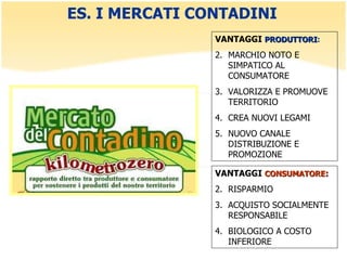 ES. I MERCATI CONTADINI VANTAGGI  PRODUTTORI : MARCHIO NOTO E SIMPATICO AL CONSUMATORE VALORIZZA E PROMUOVE  TERRITORIO  CREA NUOVI LEGAMI NUOVO CANALE DISTRIBUZIONE E PROMOZIONE VANTAGGI  CONSUMATORE : RISPARMIO ACQUISTO SOCIALMENTE RESPONSABILE BIOLOGICO A COSTO INFERIORE 