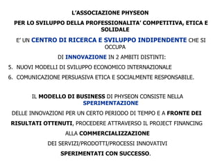 L’ASSOCIAZIONE PHYSEON  PER LO SVILUPPO DELLA PROFESSIONALITA’ COMPETITIVA, ETICA E SOLIDALE E’ UN  CENTRO DI RICERCA E SVILUPPO INDIPENDENTE  CHE SI OCCUPA DI  INNOVAZIONE  IN 2 AMBITI DISTINTI: NUOVI MODELLI DI SVILUPPO ECONOMICO INTERNAZIONALE COMUNICAZIONE PERSUASIVA ETICA E SOCIALMENTE RESPONSABILE.  IL  MODELLO DI BUSINESS  DI PHYSEON CONSISTE NELLA  SPERIMENTAZIONE   DELLE INNOVAZIONI PER UN CERTO PERIODO DI TEMPO E A  FRONTE DEI  RISULTATI OTTENUTI , PROCEDERE ATTRAVERSO IL PROJECT FINANCING  ALLA  COMMERCIALIZZAZIONE DEI SERVIZI/PRODOTTI/PROCESSI INNOVATIVI  SPERIMENTATI CON SUCCESSO .  