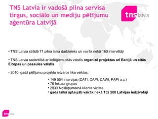 TNS Latvia ir vadošā pilna servisa tirgus, sociālo un mediju pētījumu aģentūra Latvijā ,[object Object],[object Object],[object Object],[object Object],[object Object],[object Object],[object Object]