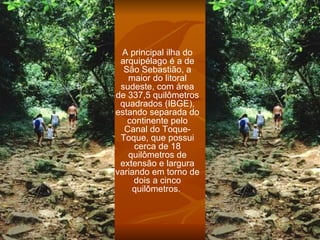 A principal ilha do arquipélago é a de São Sebastião, a maior do litoral sudeste, com área de 337,5 quilômetros quadrados (IBGE), estando separada do continente pelo Canal do Toque-Toque, que possui cerca de 18 quilômetros de extensão e largura variando em torno de dois a cinco quilômetros.  